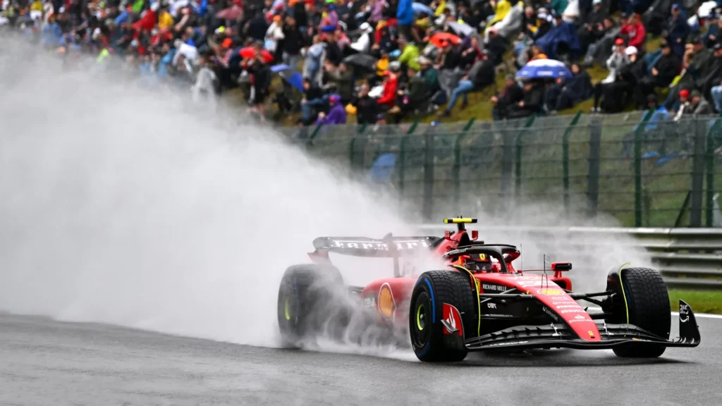 A Ferrari F1 car in the rain